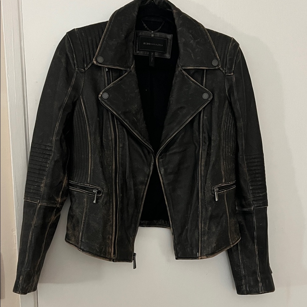 BCBGMaxAzria Distressed Black Leather Jacket